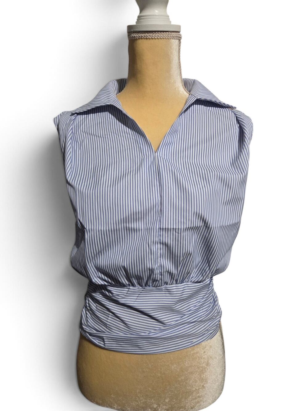 COMMENSE Blue White Striped Cinched Waist Cropped Collared Blouse Women's Sz S